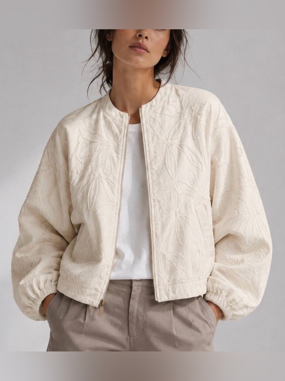 Zara Cream Floral Embroidered Bomber Jacket Size S Style 8372/229/712